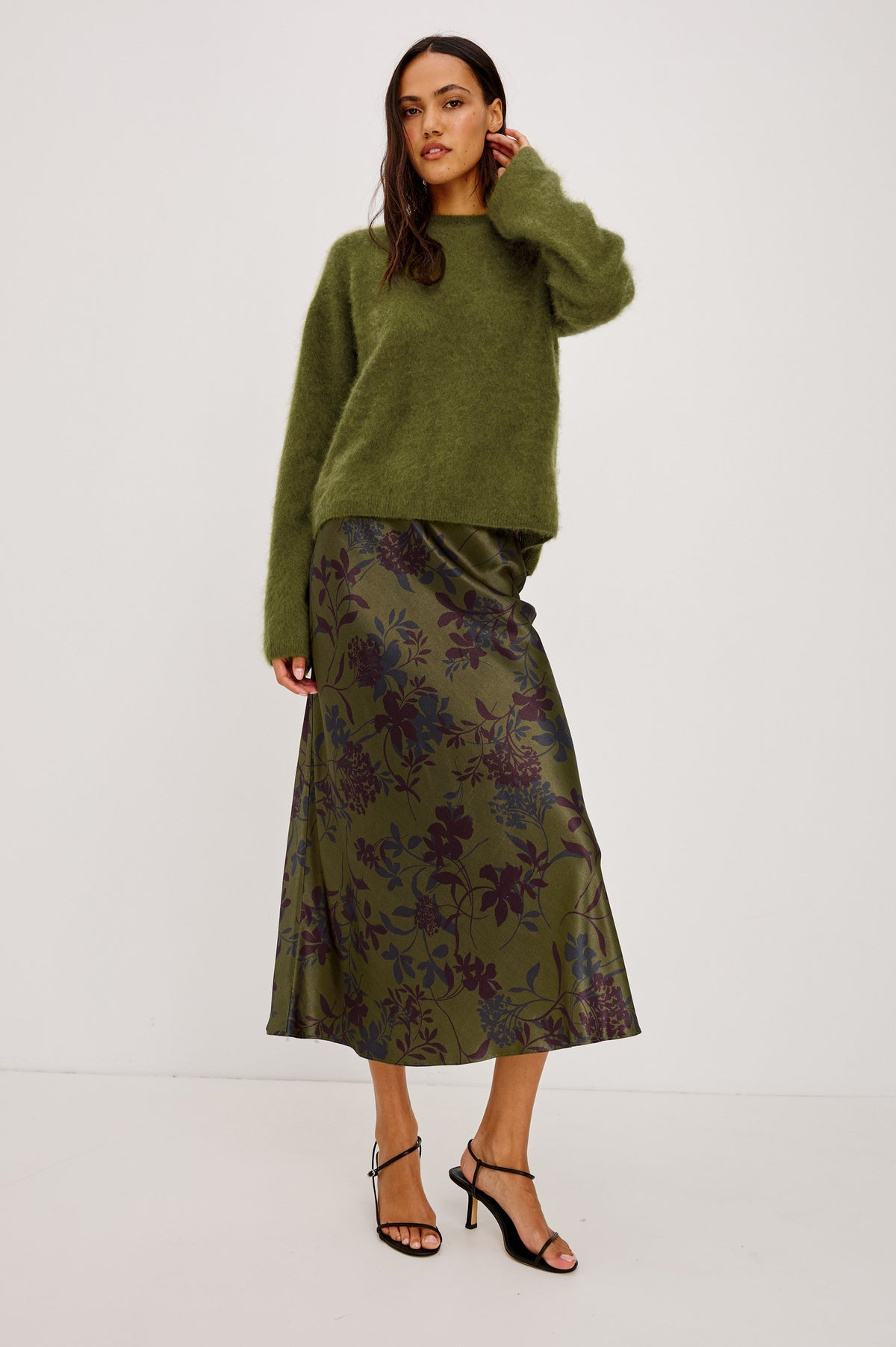 Anya Midi Skirt in Satin-Back Crepe, High-Rise Elastic Waistband, Pull-On FIt in Olive Dahlia ColorwayUpper Body Front View Featured on Model.