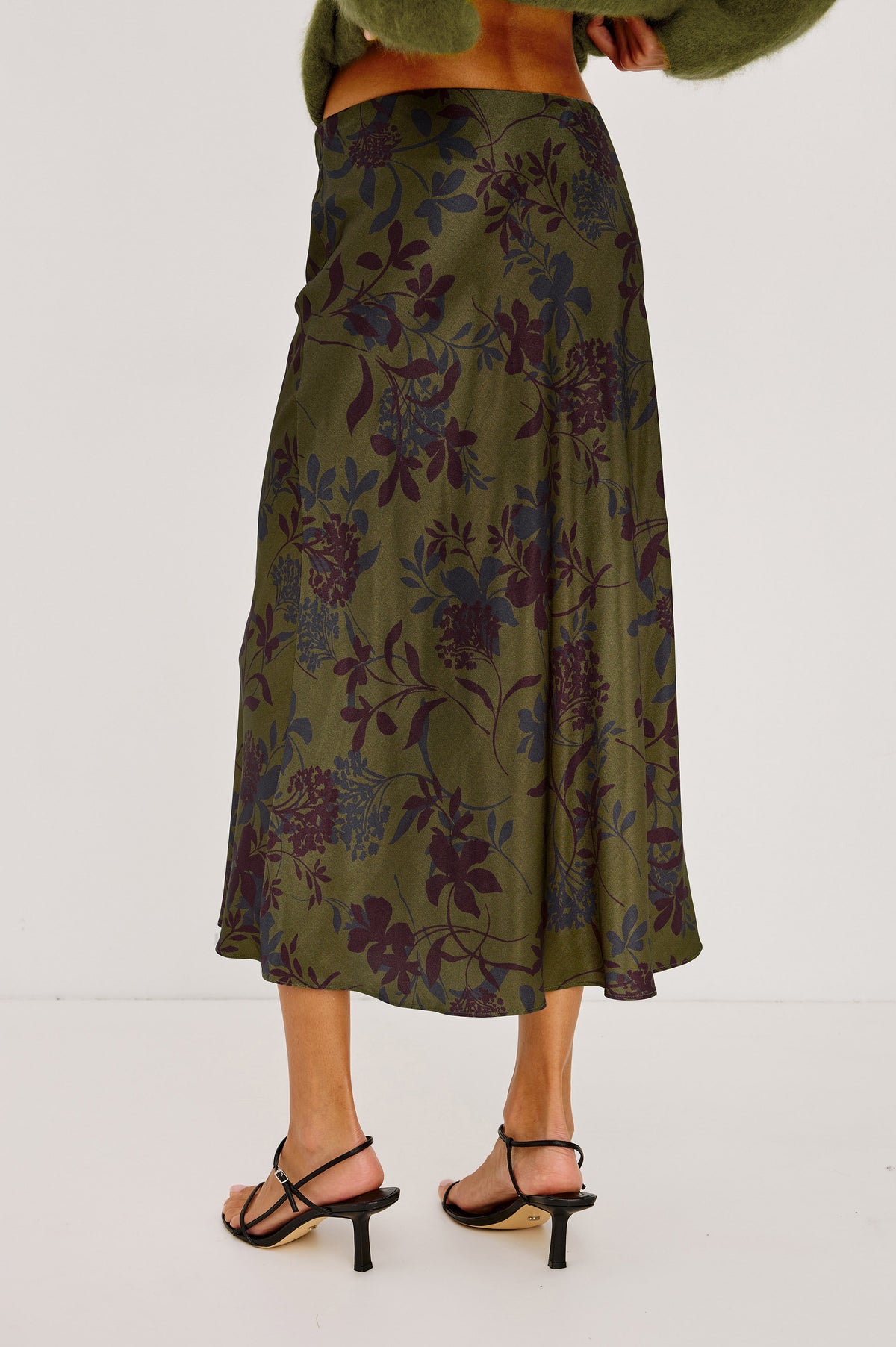 Anya Midi Skirt in Satin-Back Crepe, High-Rise Elastic Waistband, Pull-On FIt in Olive Dahlia ColorwayUpper Body Back View Featured on Model.