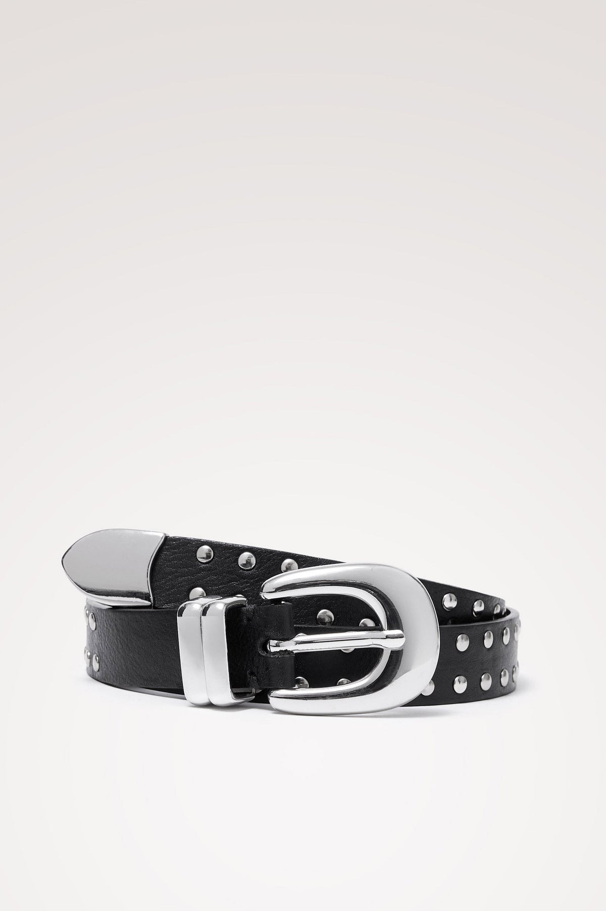 Argento Belt in Italian Leather With Tonal Stud Details and Polished Buckle in Black Silver Colorway - Front Product View Featured
