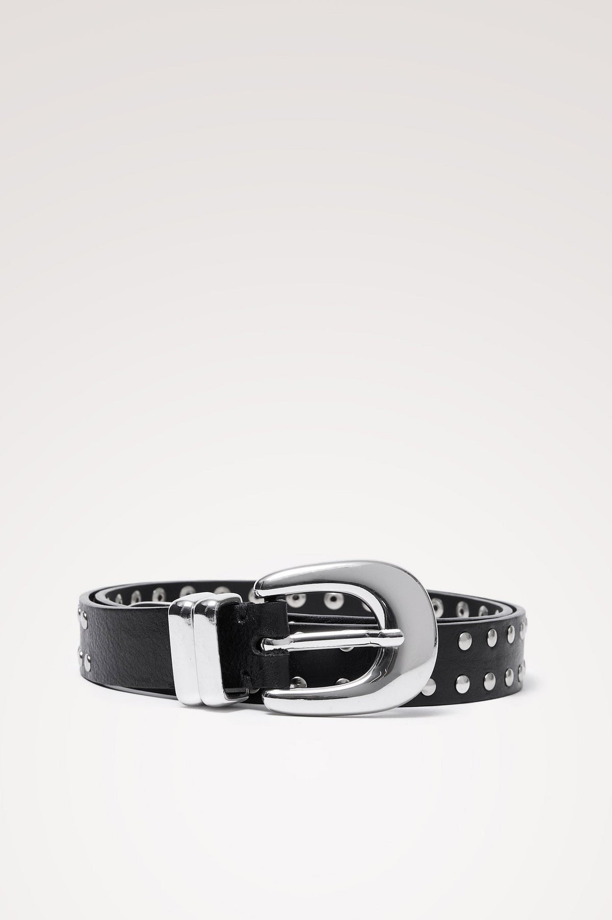 Argento Belt in Italian Leather With Tonal Stud Details and Polished Buckle in Black Silver Colorway - Front Product View Featured