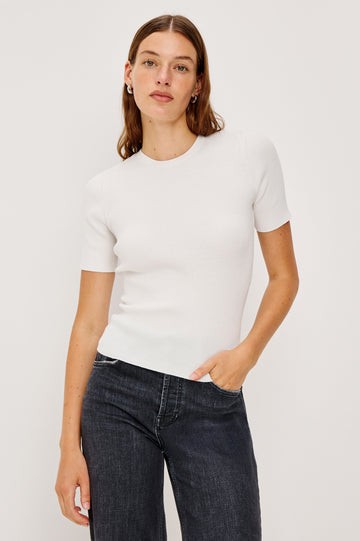 Ari Short-Sleeve Ribbed Top with a Crew Neck in White Colorway - Front View Featured on Model