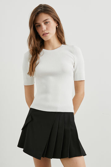 Ari Short-Sleeve Ribbed Top with a Crew Neck in White Colorway - Front View Featured on Model