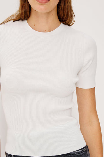 Ari Short-Sleeve Ribbed Top with a Crew Neck in White Colorway - Close Up View Featured on Model