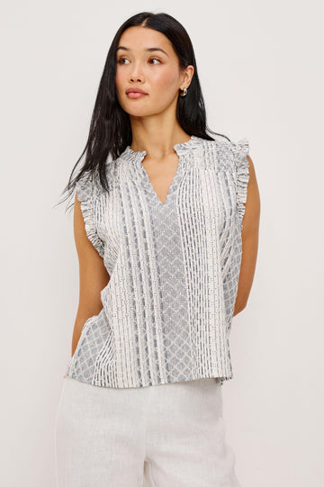Arlene Sleeveless Top in Luxe Linen With V-Neckline, Pleated Collar, and Smocked Bodice in Striped Eyelet Colorway - Upper Body Front View Featured on Model