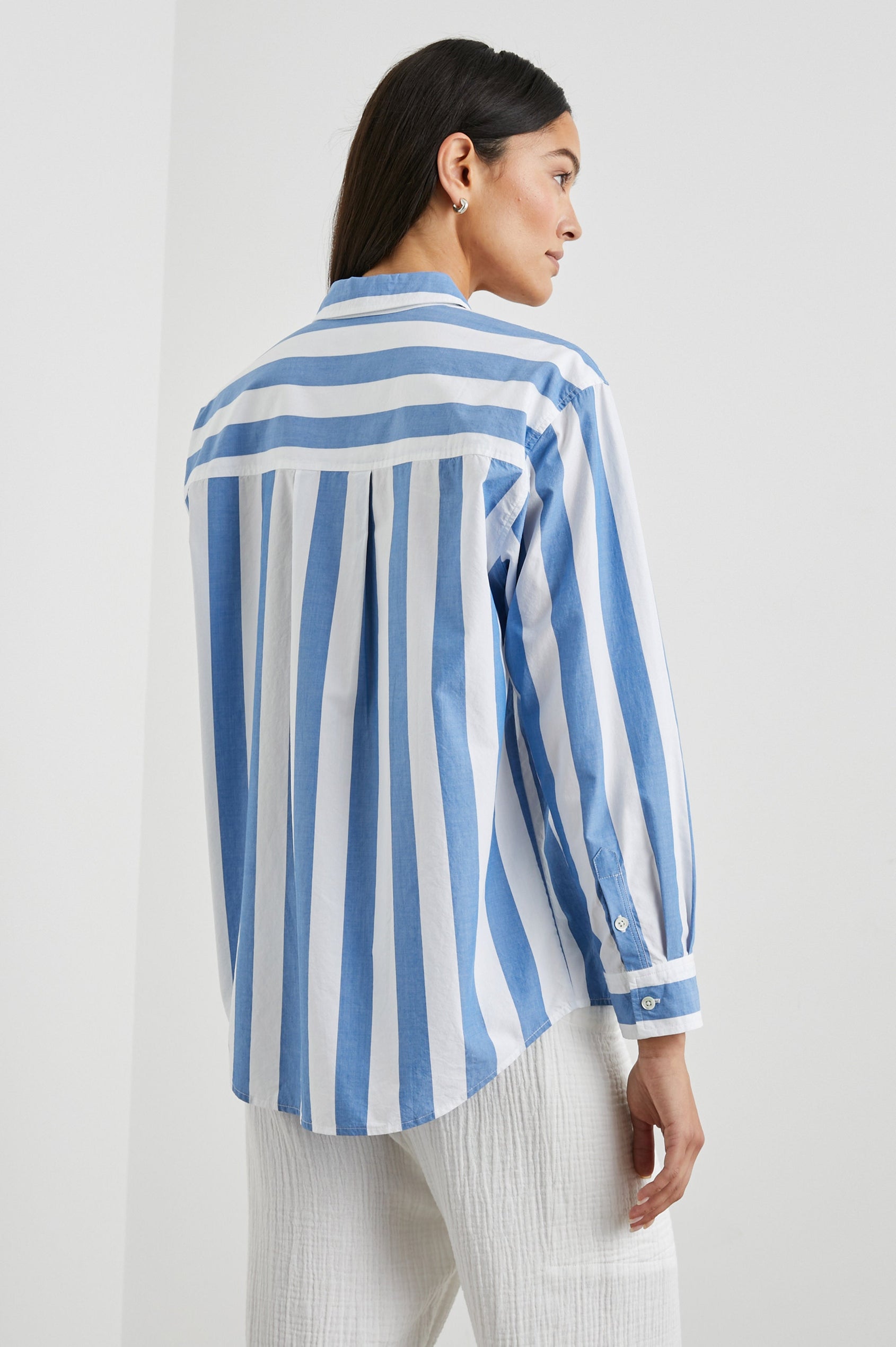 Arlo Long Sleeve Button Up with Chest Patch Pocket in Rue Stripe Colorway, vertical blue and white stripes - Back View Featured on Model