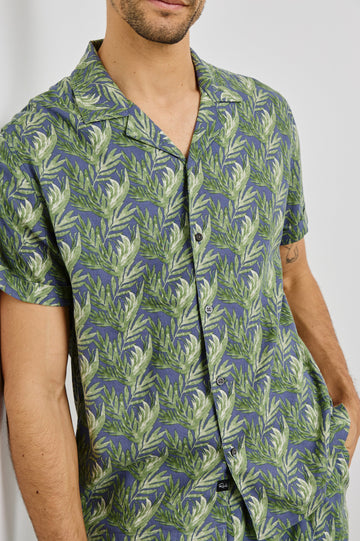 Atlas Collared Button Front Shirt with Short Sleeves in Slate Seaweed Colorway. Front View Shown on Model.