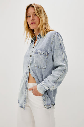 Atticus Long-Sleeve Denim Style Button Up with Chest Patch Pocket in Bleached Indigo Colorway - Front View Featured on Model