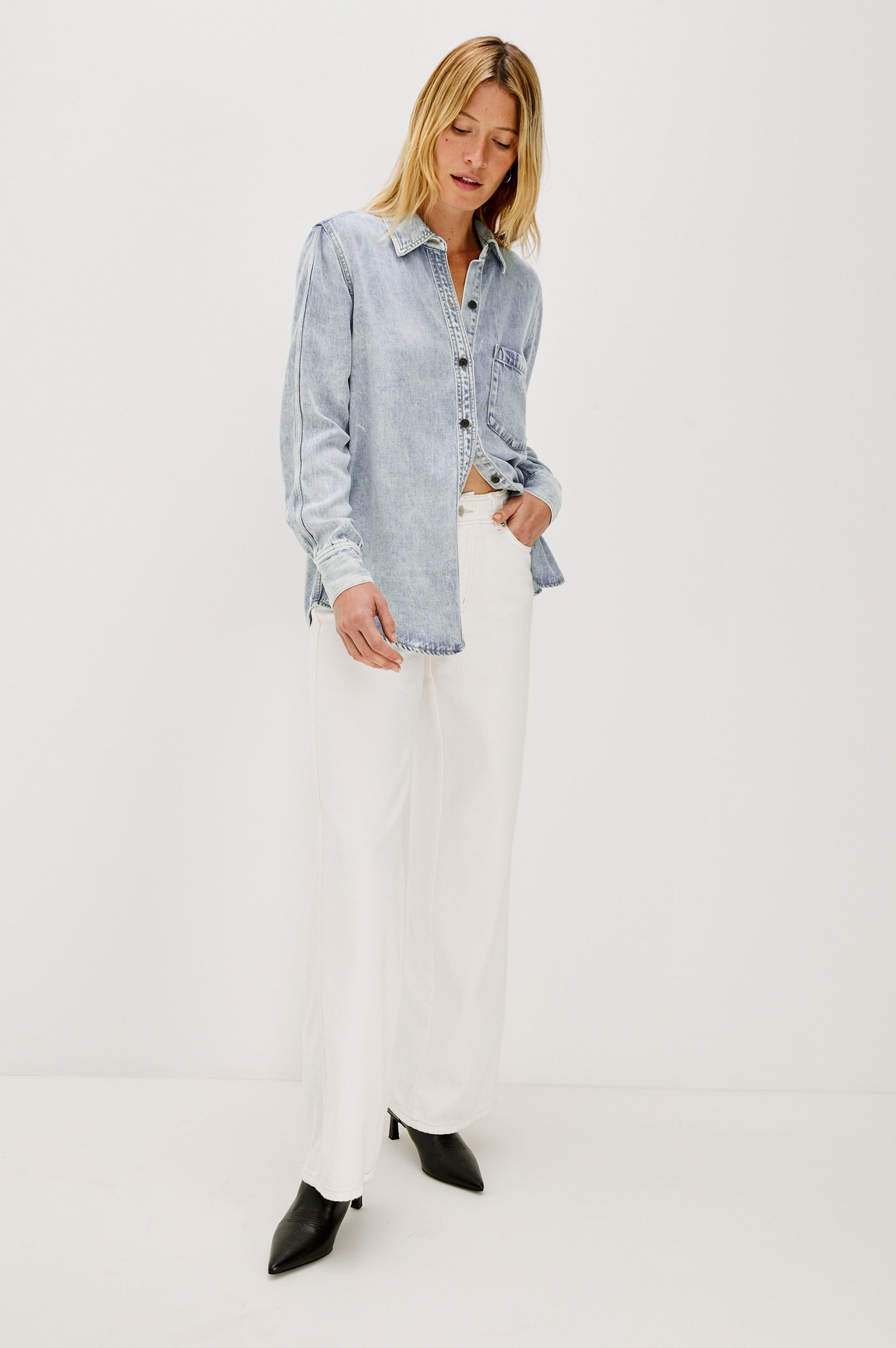 Atticus Long-Sleeve Denim Style Button Up with Chest Patch Pocket in Bleached Indigo Colorway - Full Body Front View Featured on Model