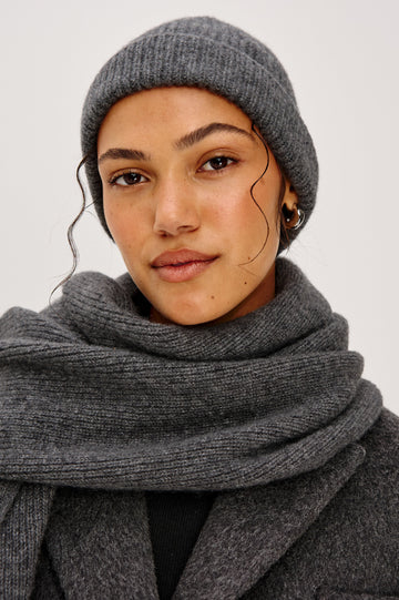 Autumn Cashmere Silk Cuffed Beanie in Thunder Colorway. Front view featured on model.