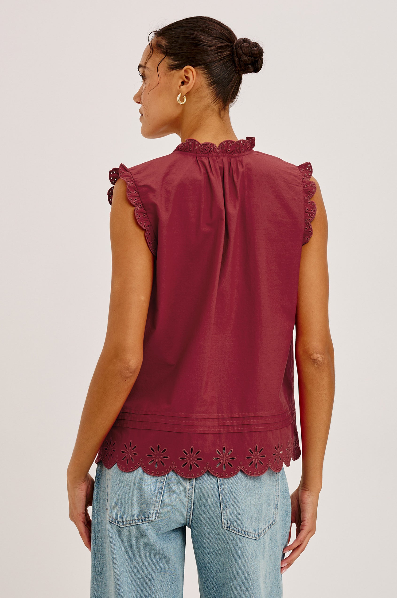Avery Sleeveless Top in Cotton Voile With Scalloped Embroidered Trim, Front Buttons, and Relaxed Fit in Spice Colorway - Upper Body Back View Featured on Model