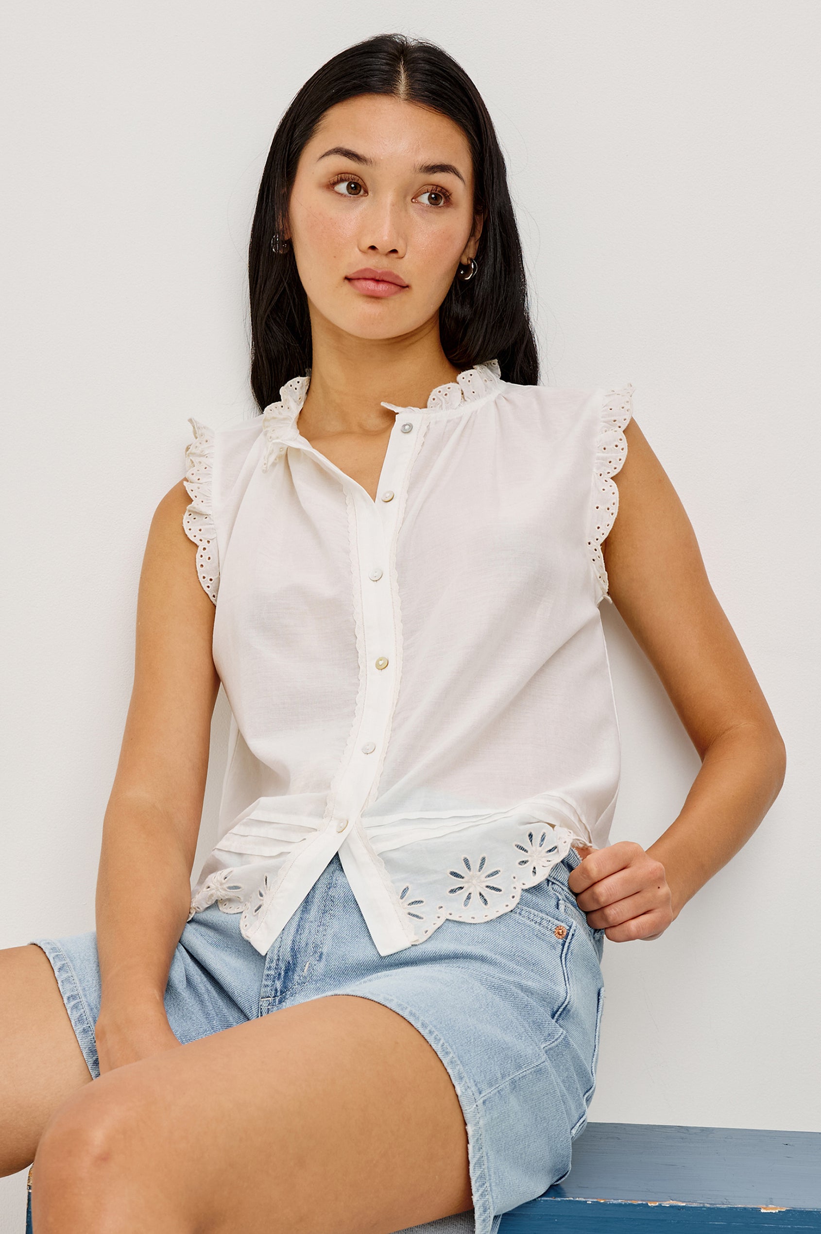 Avery Sleeveless Top in Cotton Voile With Scalloped Embroidered Trim, Front Buttons, and Relaxed Fit in White Colorway - Upper Body Front View Featured on Model