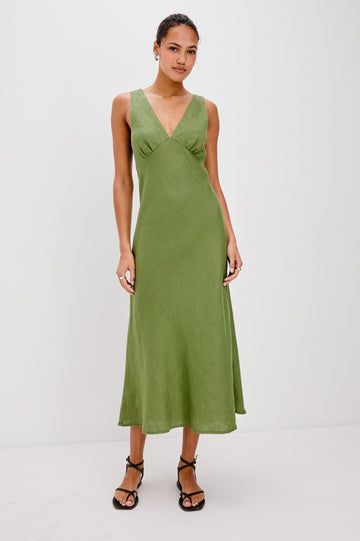 Avianna Midi V-Neck Tank Dress with A-Line Skirt in Dill Colorway. Full Body Front View Shown on Model.