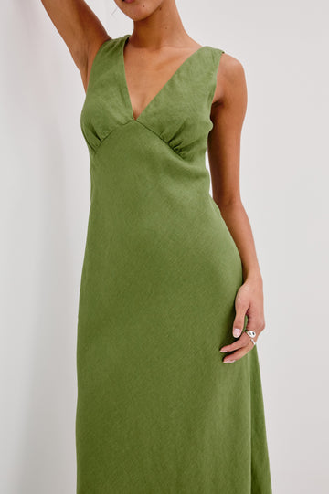 Avianna Midi V-Neck Tank Dress with A-Line Skirt in Dill Colorway. Front Detailed View Shown on Model.