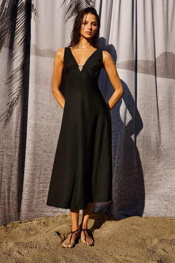 Avila V-Neck, A-Line Tank Dress, Midi Length with Spiral Metal Hardware at Center Front Bust in Black Colorway. Full Body Front View Shown on Model.