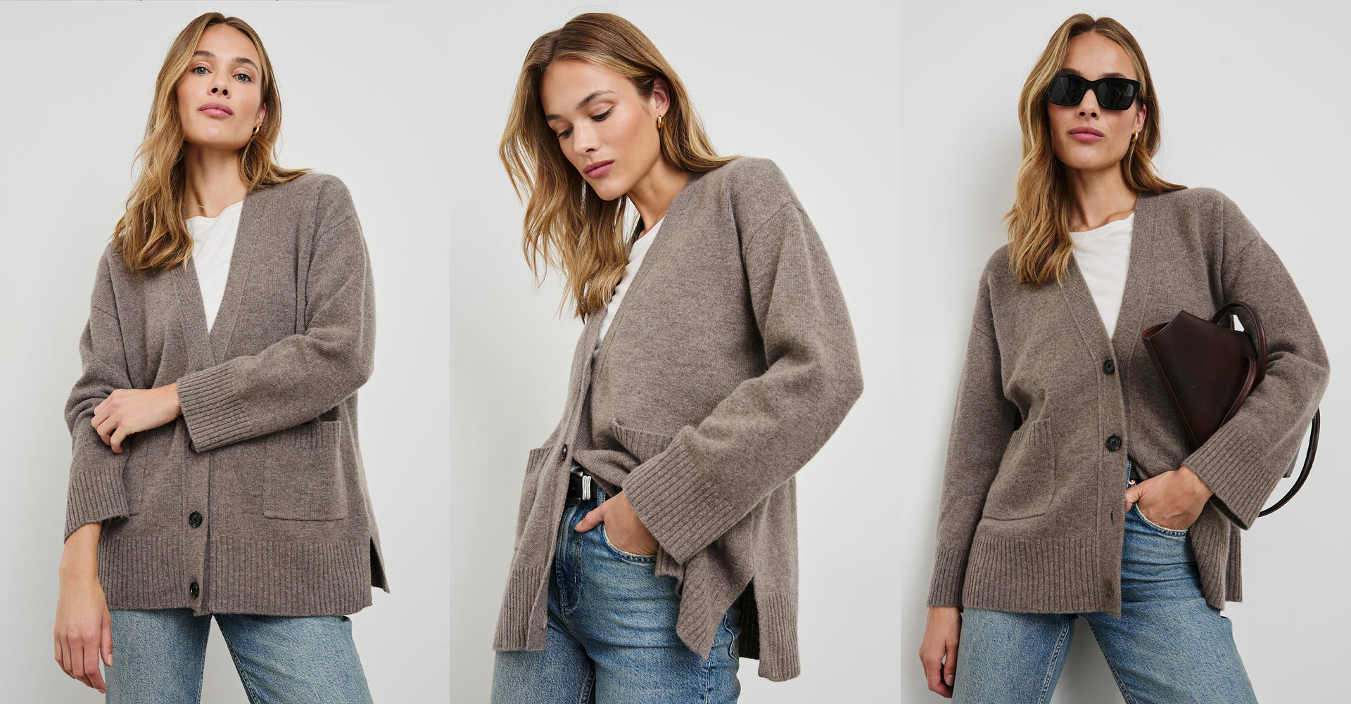 THREE SIDE BY SIDE EDITORIAL IMAGES OF MODEL WEARING LINDI CARDIGAN IN MINK