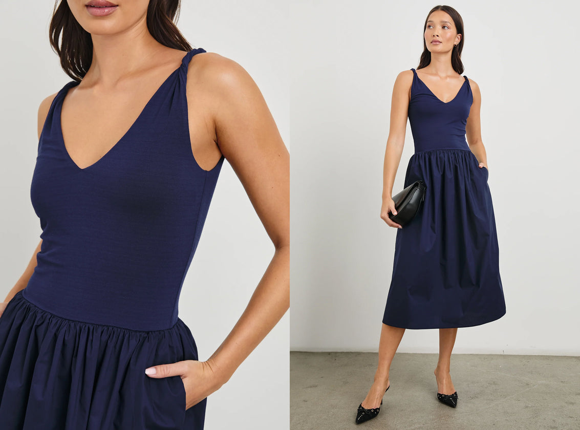 TWO SIDE BY SIDE IMAGES OF MODEL WEARING FRANCA NAVY DRESS