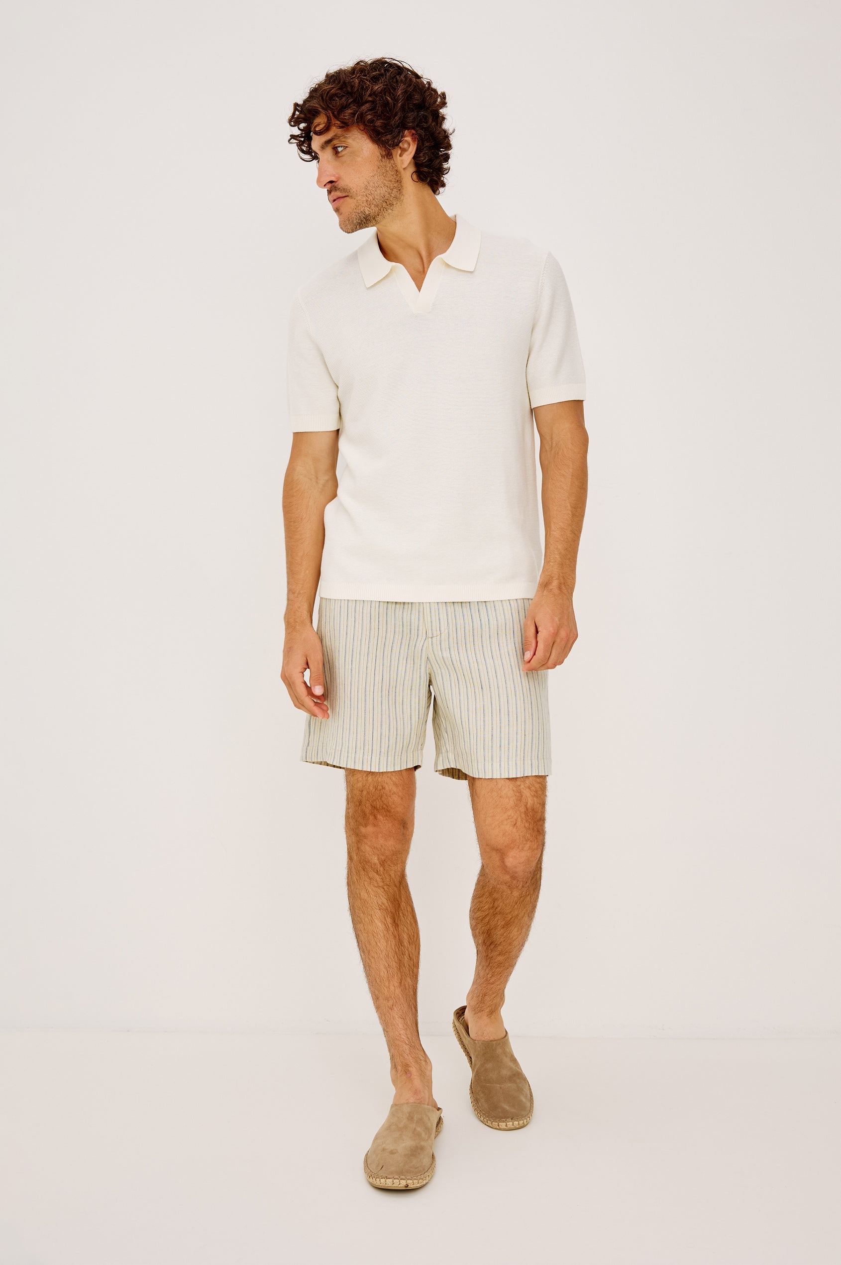Baker Polo Shirt in Rib Cotton Knit With Colar, Short Sleeves, and Relaxed Fit in Ivory Colorway - Full Body Front View Featured on Model