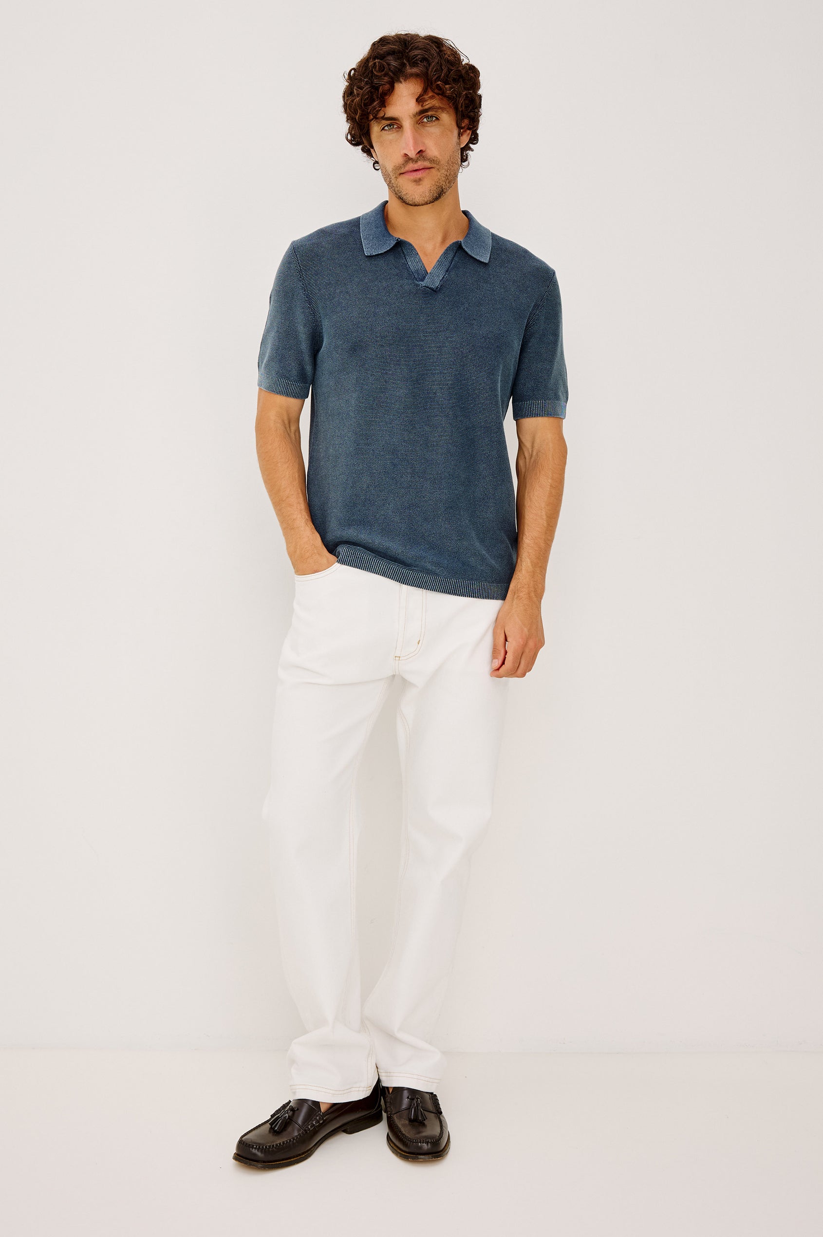 Baker Polo Shirt in Rib Cotton Knit With Colar, Short Sleeves, and Relaxed Fit in Sunwashed Navy Colorway - Full Body Front View Featured on Model