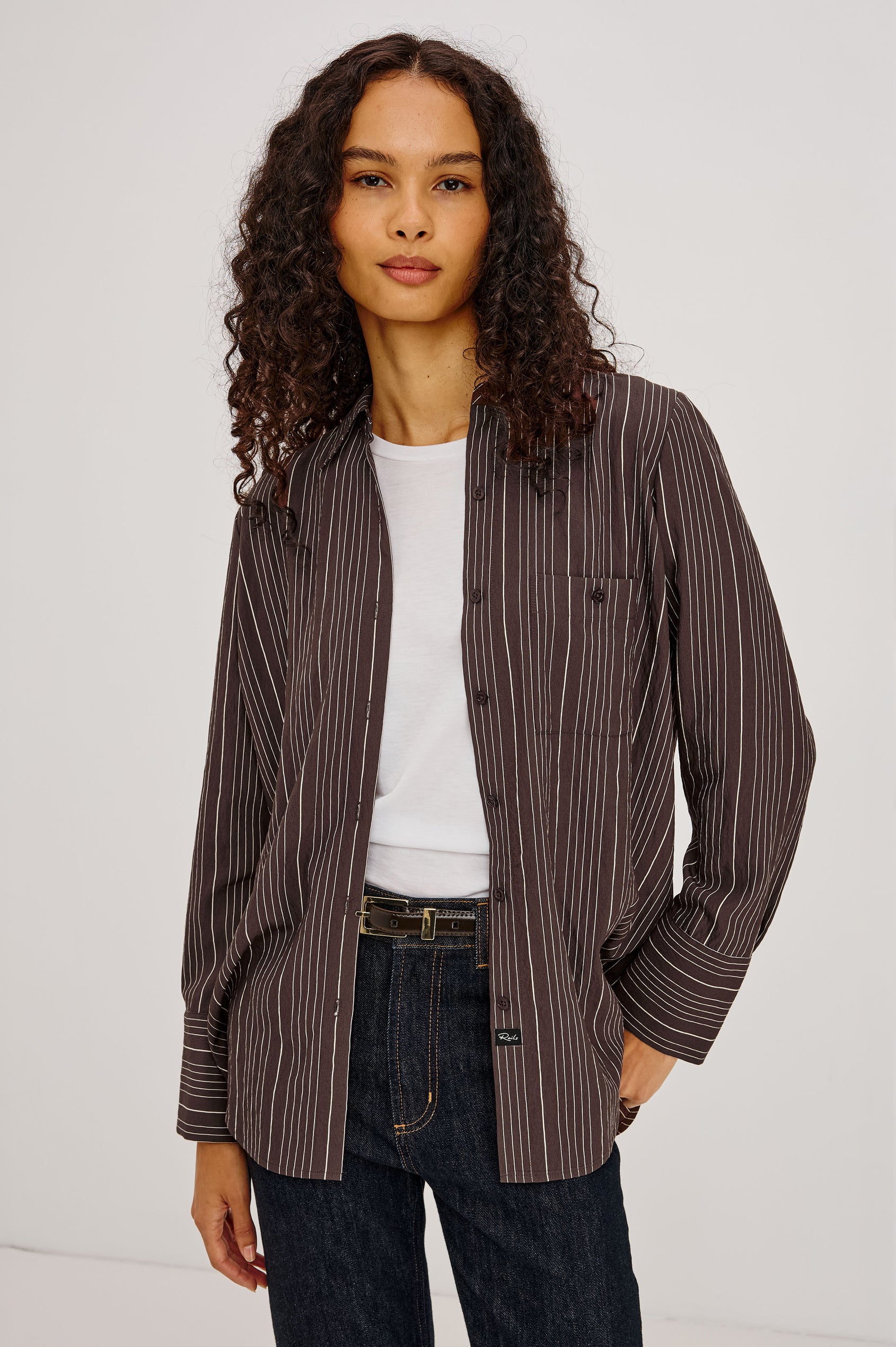 Beck Shirt in Luxe Rayon With Collar, Button Front, Chest Patch Pocket, Long Sleeves, and Relaxed Fit in Chicory Stripe Colorway - Upper Body Front View Featured on Model