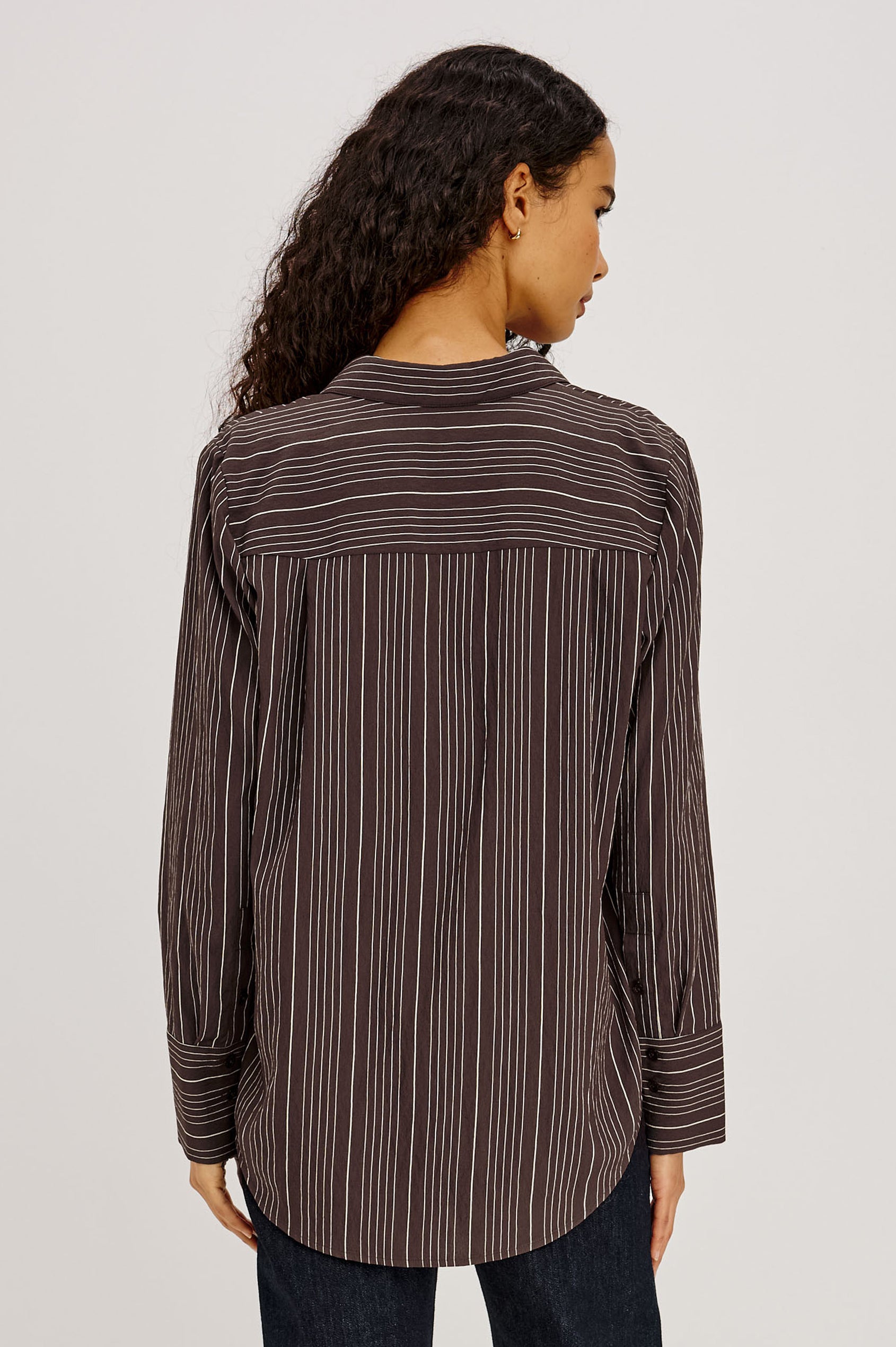 Beck Shirt in Luxe Rayon With Collar, Button Front, Chest Patch Pocket, Long Sleeves, and Relaxed Fit in Chicory Stripe Colorway - Lower Body Back View Featured on Model