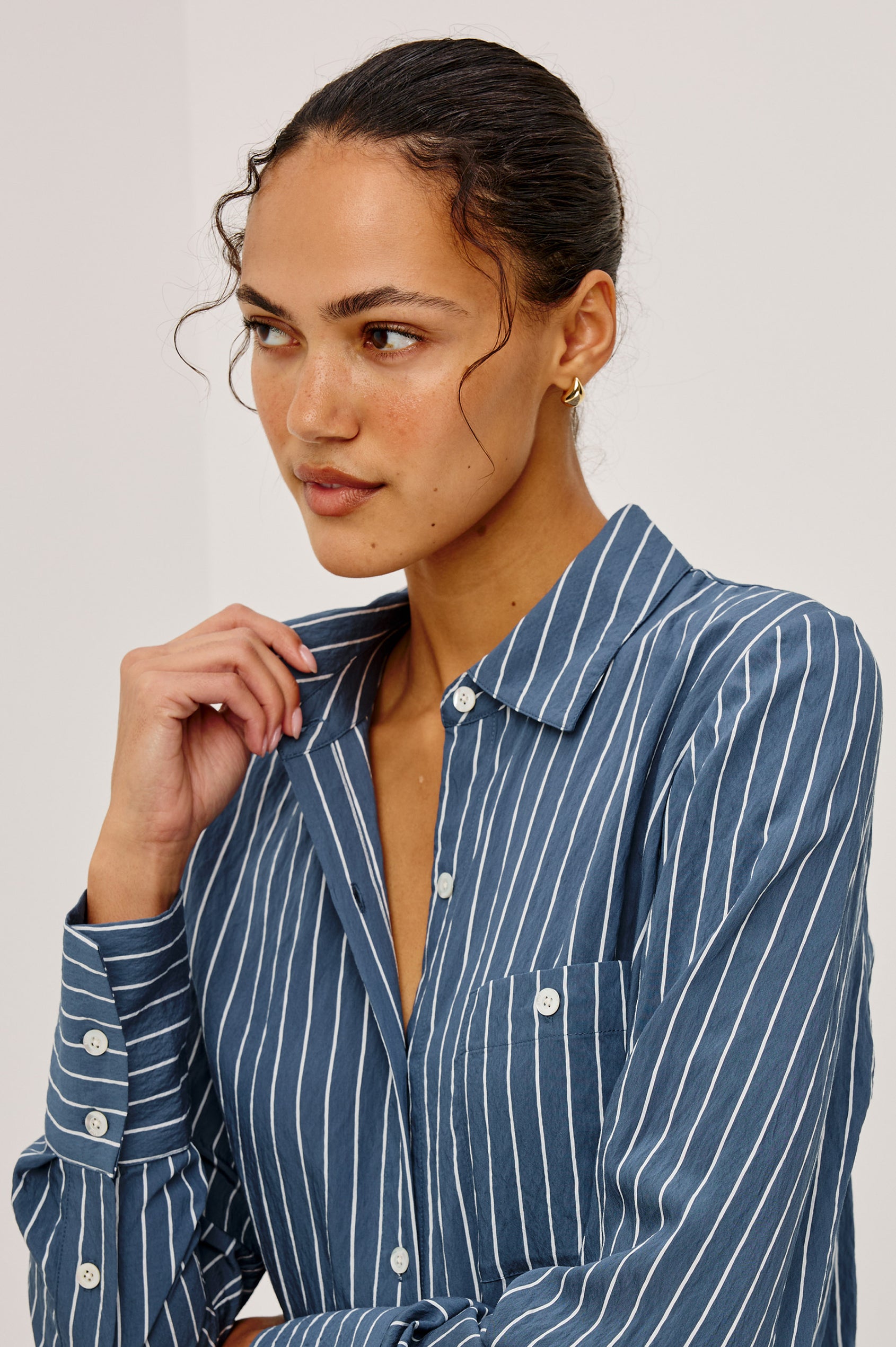 Beck Shirt in Luxe Rayon With Collar, Button Front, Chest Patch Pocket, Long Sleeves, and Relaxed Fit in Washed Indigo Stripe Colorway - Upper Body Front View Featured on Model