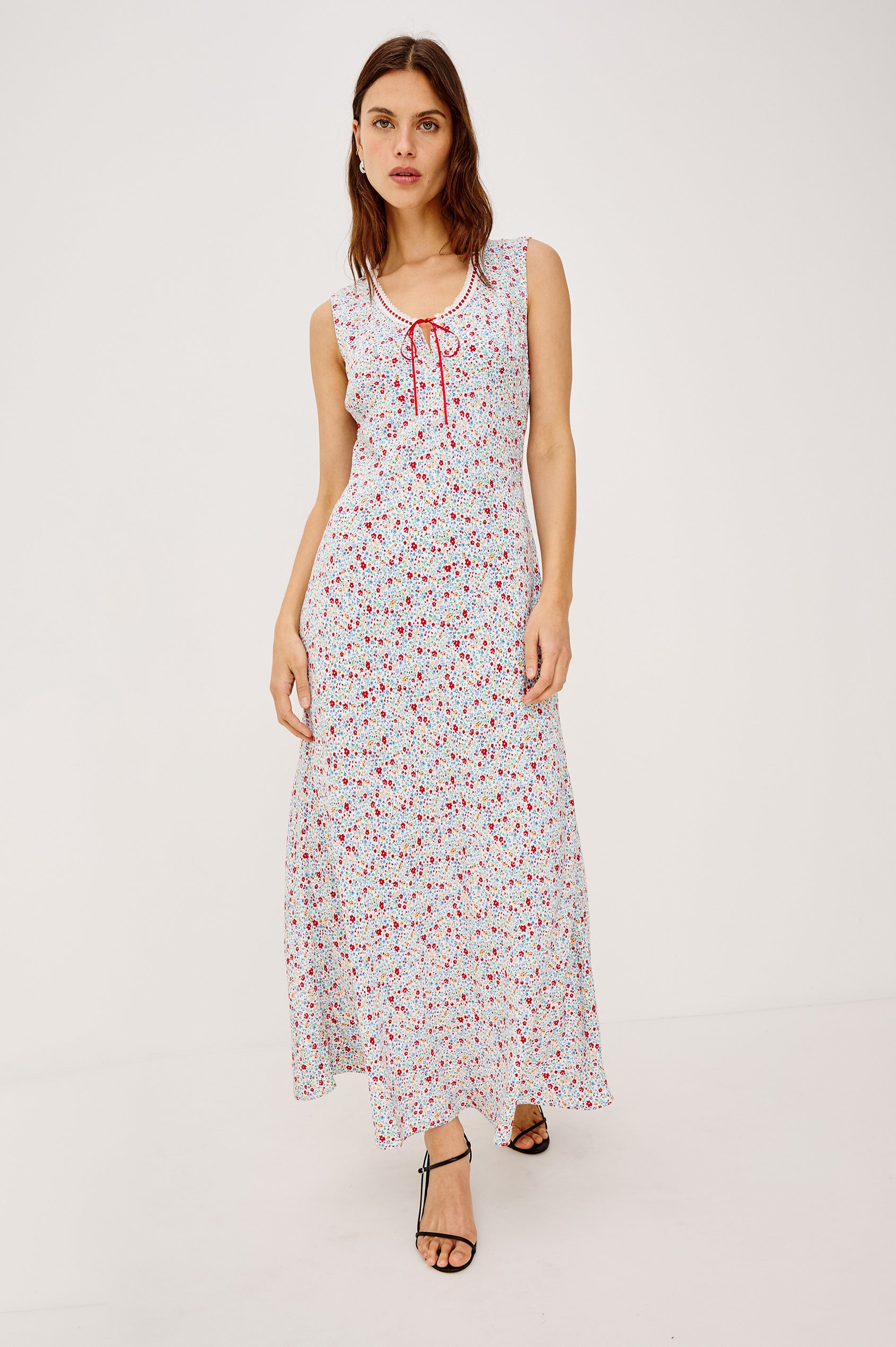 Bella Maxi Dress in Crepe With Fitted Bodice, A-Line Skirt, and Interlocking Ribbons at Lace Trim Scoop Neckline in Meadow Colorway - Full Body Front View Featured on Model