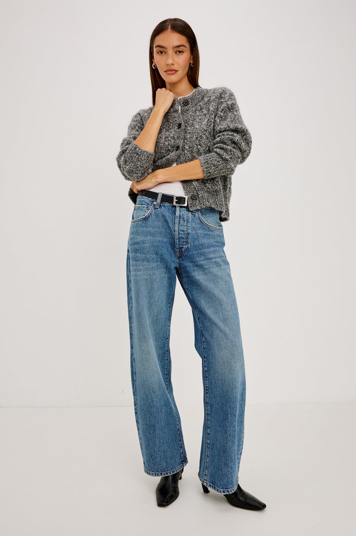Belmont Arc Leg Jean in Rigid Denim With High Rise, Distressed Detailing, Button Fly, and 5-Pockets in Homestead Colorway - Full Body Front View Featured on Model