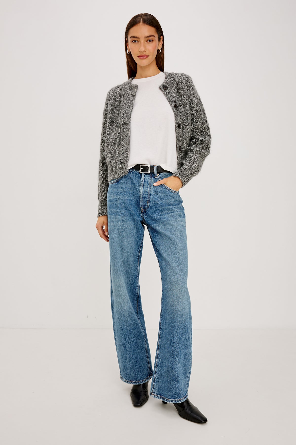 Belmont Arc Leg Jean in Rigid Denim With High Rise, Distressed Detailing, Button Fly, and 5-Pockets in Homestead Colorway - Full Body Front View Featured on Model