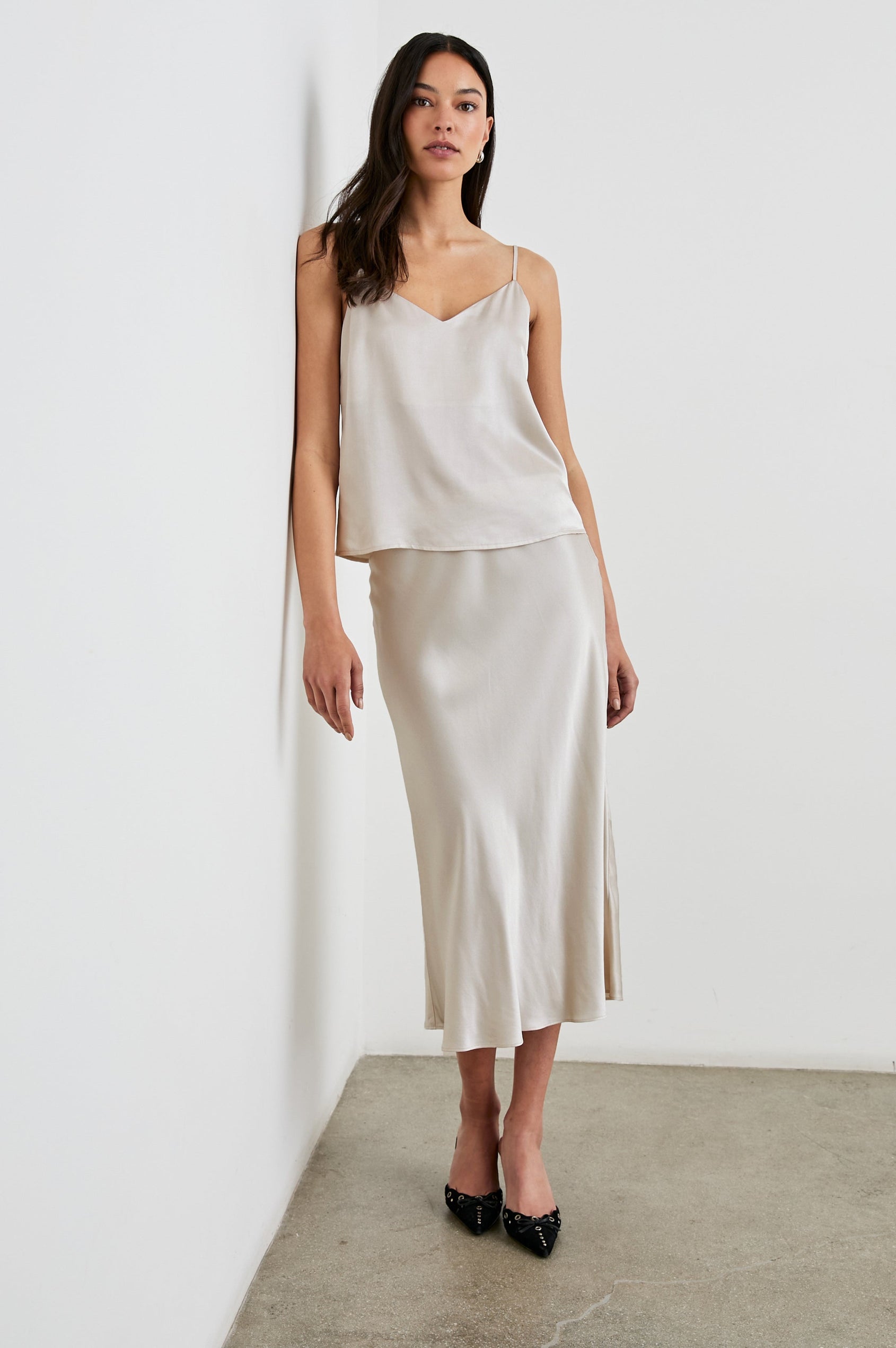 Berlin Midi Skirt in Ivory Colorway - Front Full Body View Featured on Model