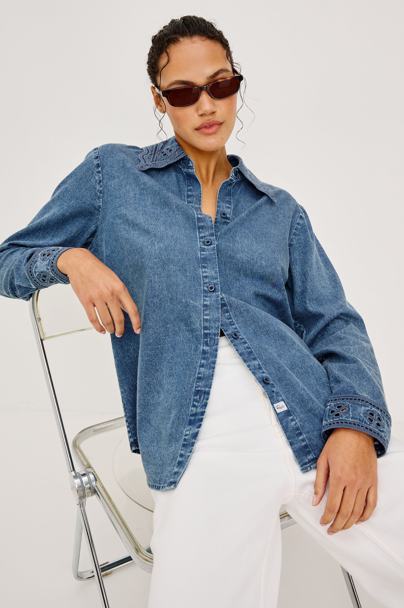 Bethany Button-Up Shirt in TENCEL™ Denim With an Embroidered Collar Long Sleeves and Loose Fit in Antique Blue Colorway - Upper Body Front View Featured on Model