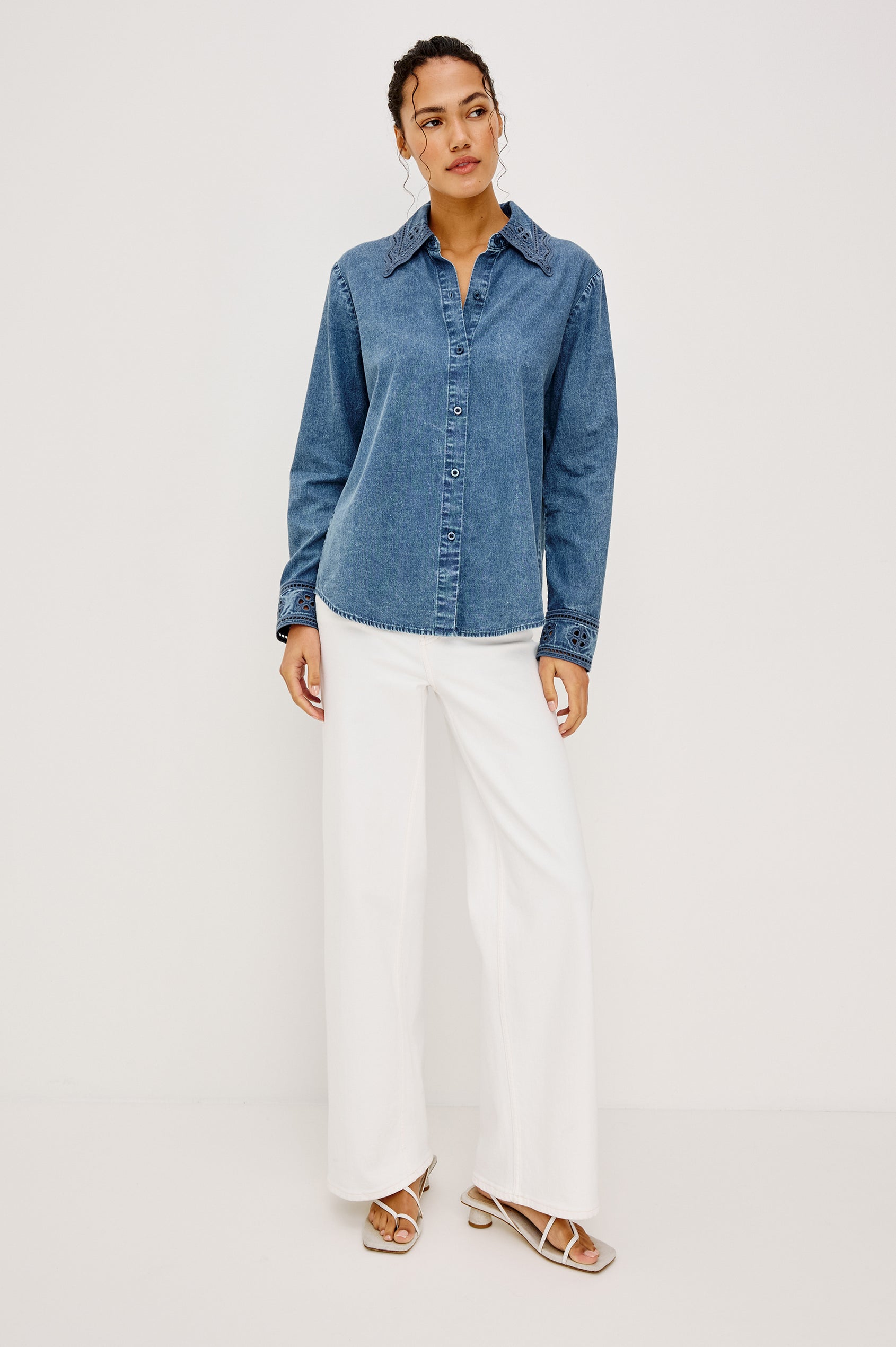 Bethany Button-Up Shirt in TENCELâ„¢ Denim With an Embroidered Collar Long Sleeves and Loose Fit in Antique Blue Colorway - Full Body Front View Featured on Model