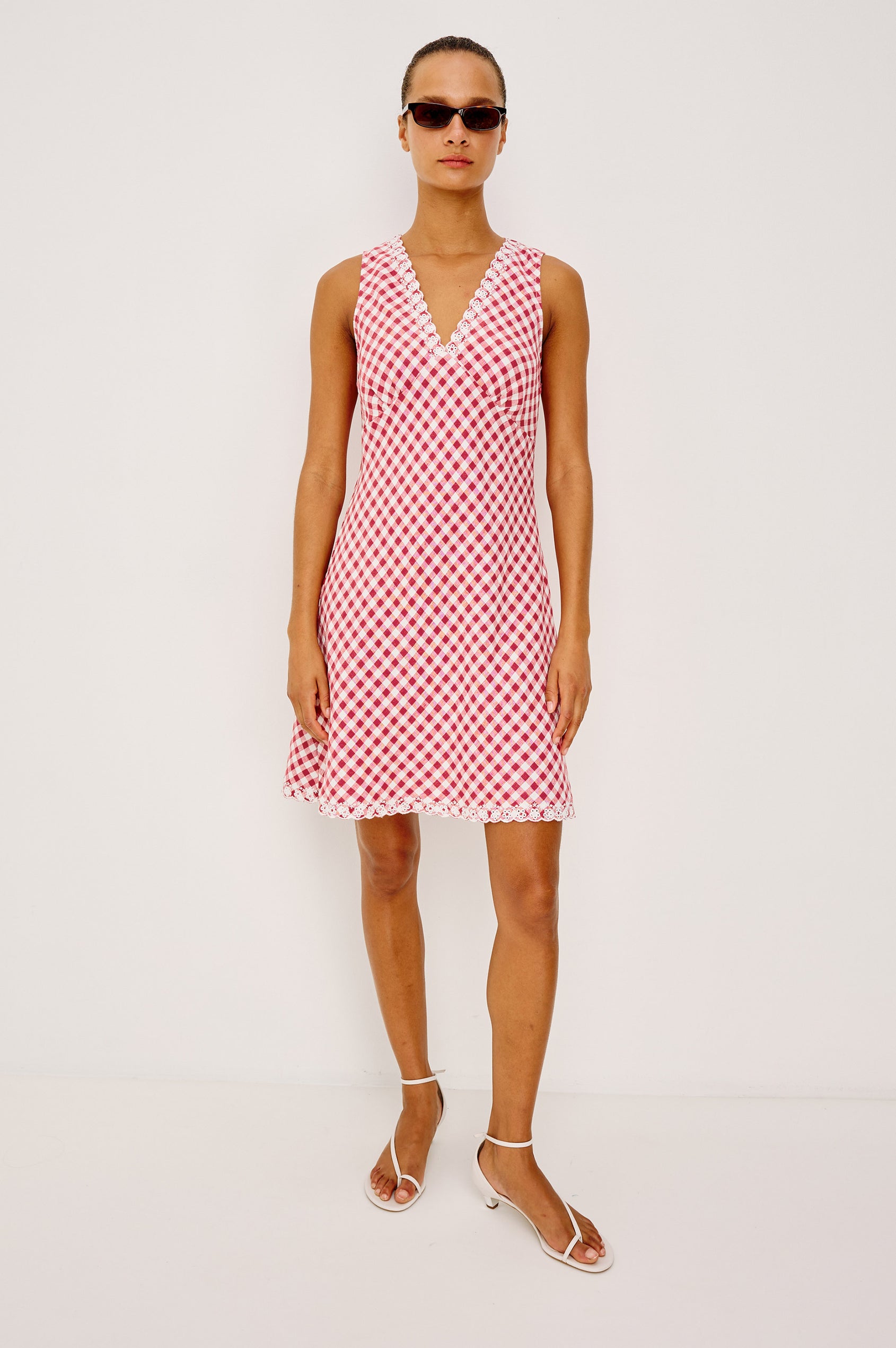 Bex Mini Dress in Heavy Linen With Embroidered V-Neckline, Sleeveless Design, and Bias Cut in Picnic Check Colorway - Full Body Front View Featured on Model