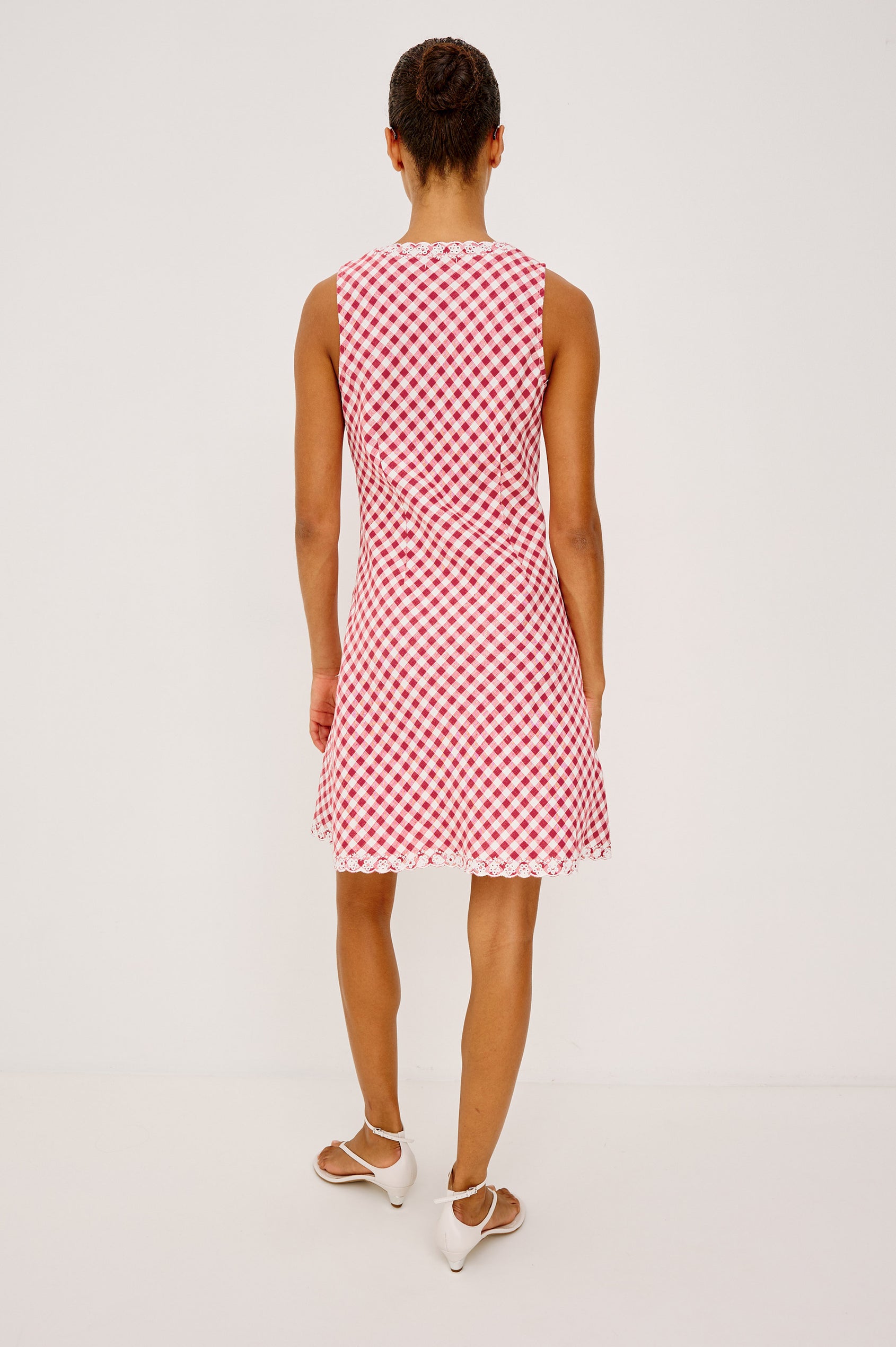 Bex Mini Dress in Heavy Linen With Embroidered V-Neckline, Sleeveless Design, and Bias Cut in Picnic Check Colorway - Full Body Back View Featured on Model