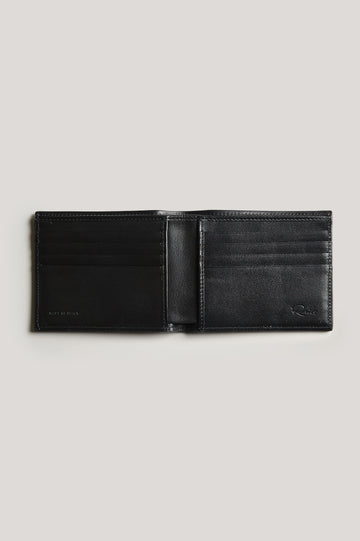 Leather wallet in black color, split open. Inside view featured.