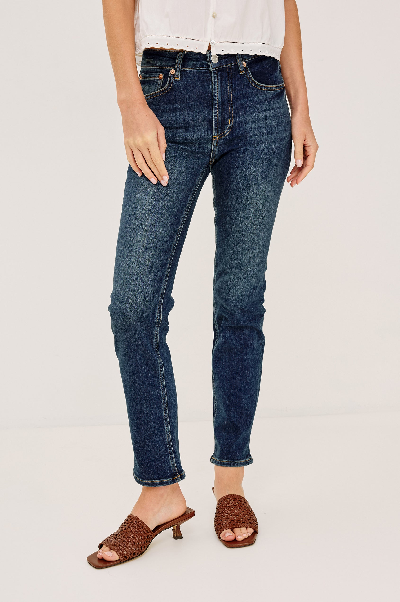 Bixby is a 5-pkt slim straight jean in Deep Dive colorway. Back view featured on model.