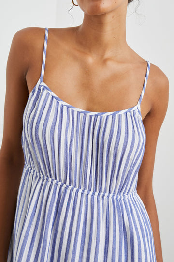 Blakely Sleeveless Tiered Midi Dress with Adjustable Spaghetti Straps and a Scoop Neck in Anacapa Stripe Colorway, Blue and White Vertical Stripes - Front View Featured on Model 