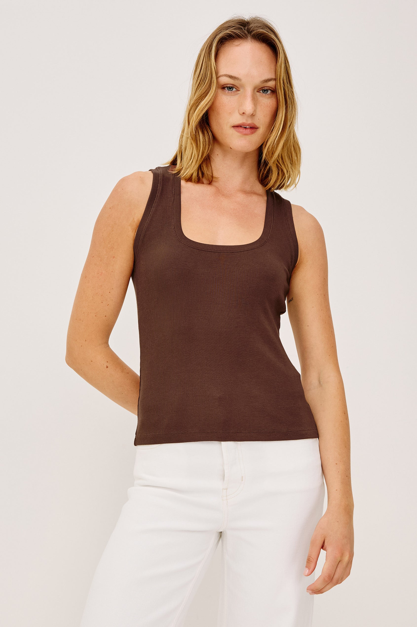 Bobbie Tank Top in Cotton Rib Blend With Soft Square Neckline, Wide Shoulder Straps, and Classic Fit in Espresso Colorway - Upper Body Front View Featured on Model