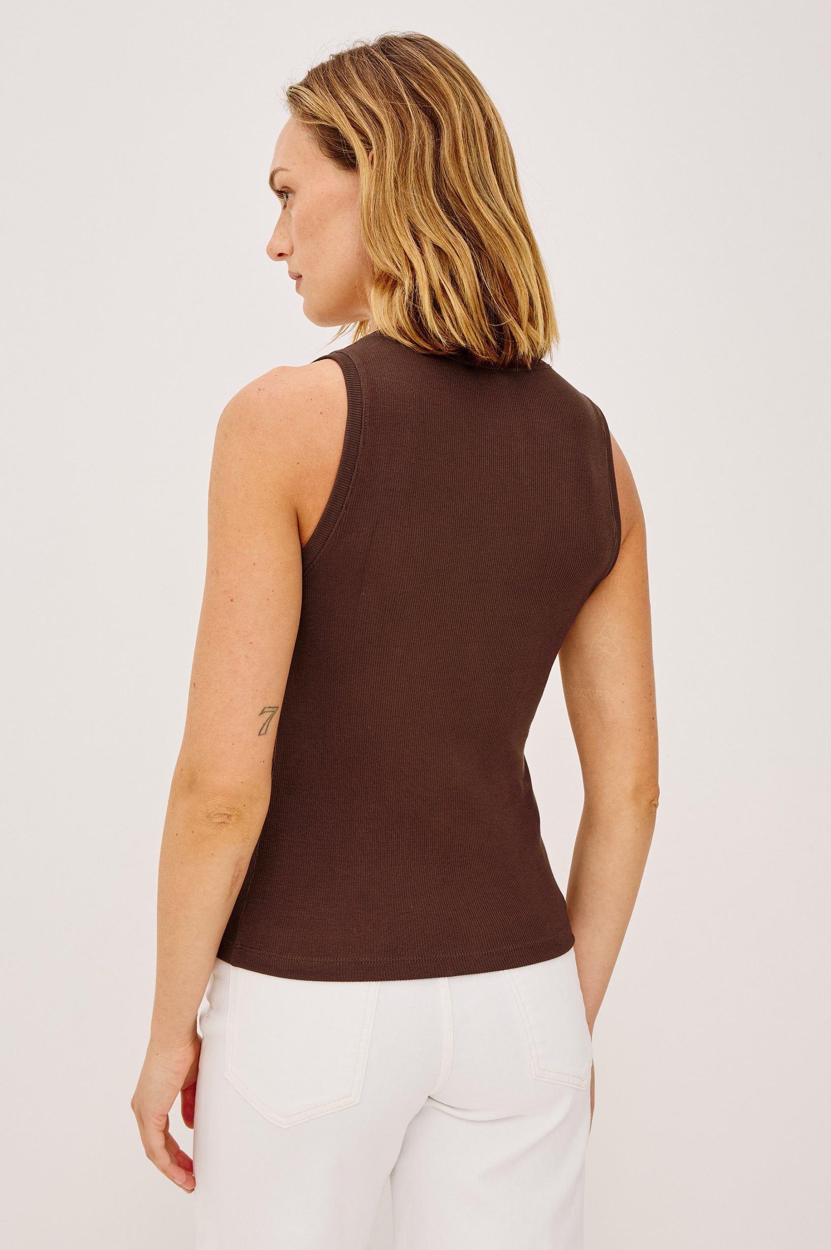 Bobbie Tank Top in Cotton Rib Blend With Soft Square Neckline, Wide Shoulder Straps, and Classic Fit in Espresso Colorway - Upper Body Back View Featured on Model