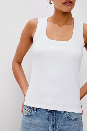 Bobbie Square Neck Tank with Wide Straps in White Colorway. Front Detailed View Shown on Model.