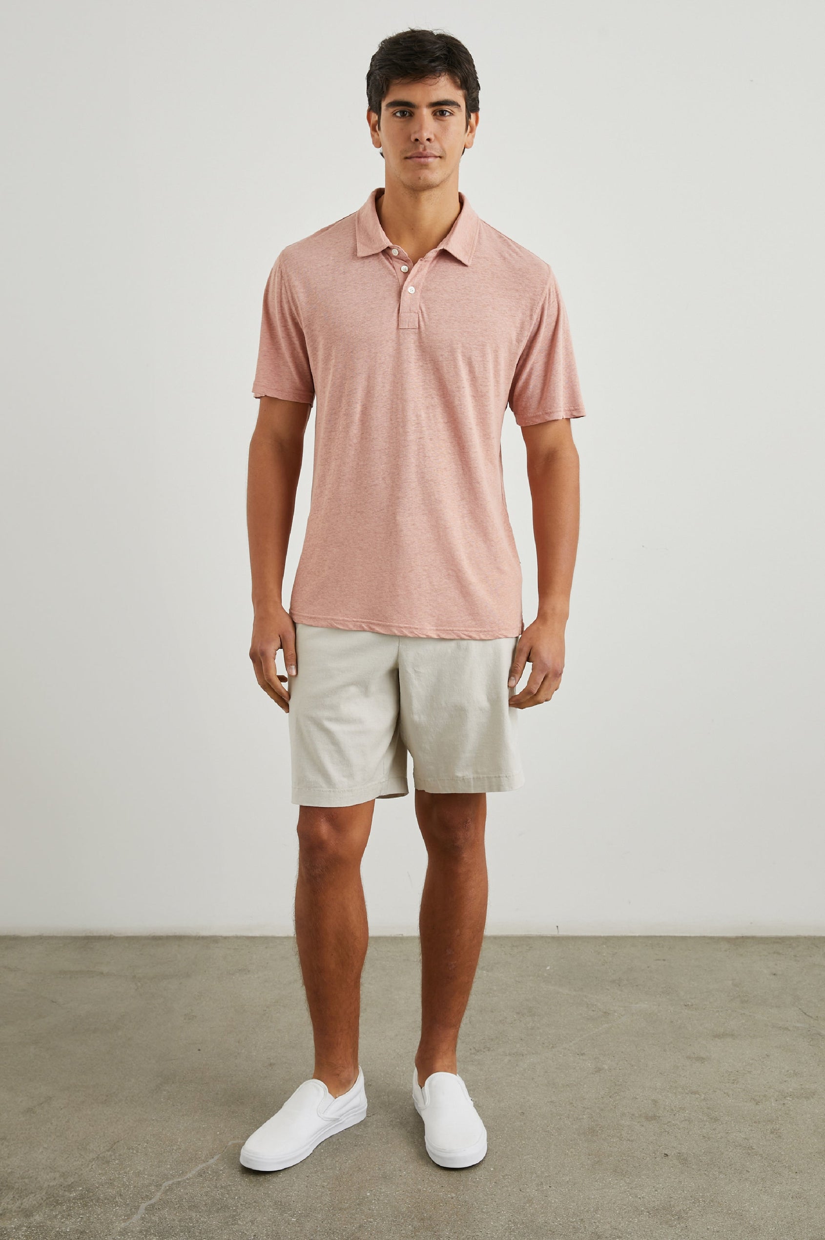 Boden Knee-Length Shorts with Belt Loops, Two Front Pockets and Two Back Button Welt Pockets in Stone Colorway - Front Full Body View Featured on Model