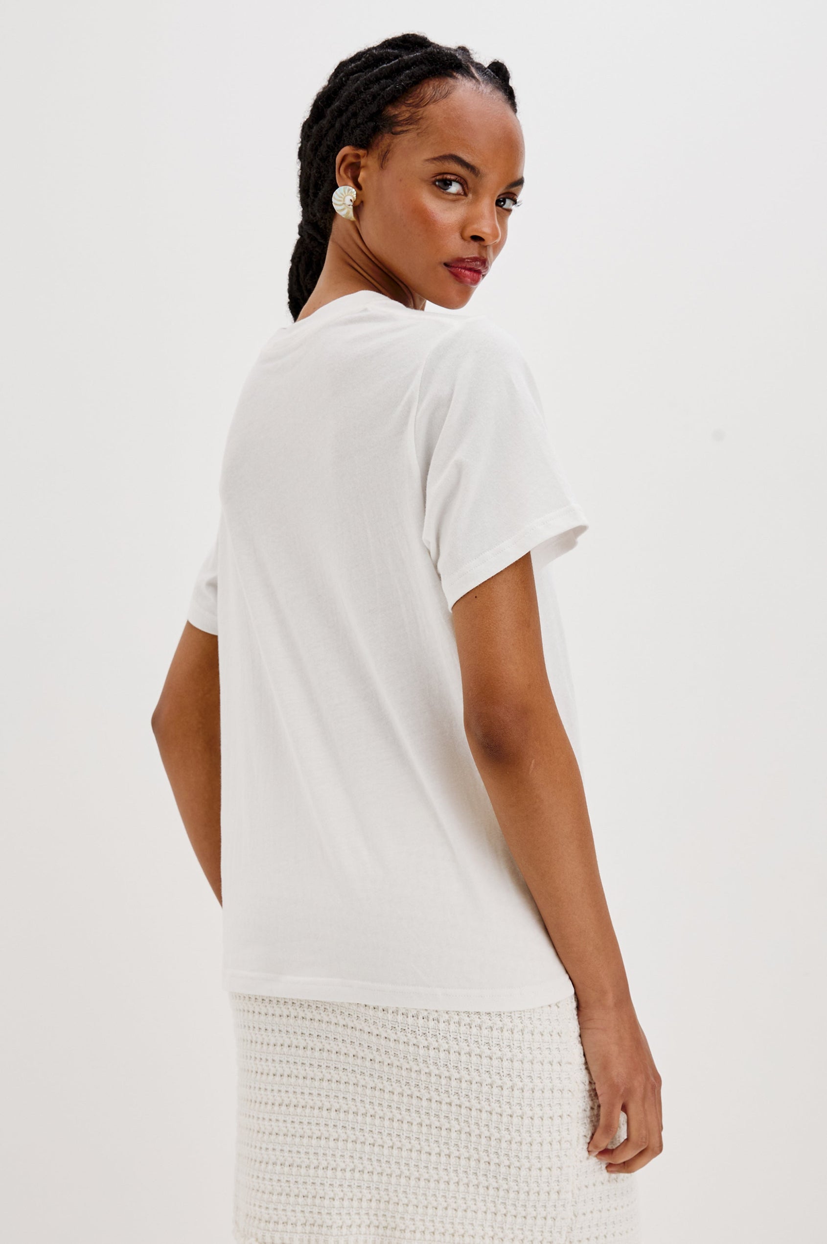 Boyfriend Crew Neck Tee with Short Sleeves and Screen Print on Front in Pink, Blue, Green Bamba Bar Colorway. Back View Shown on Model.