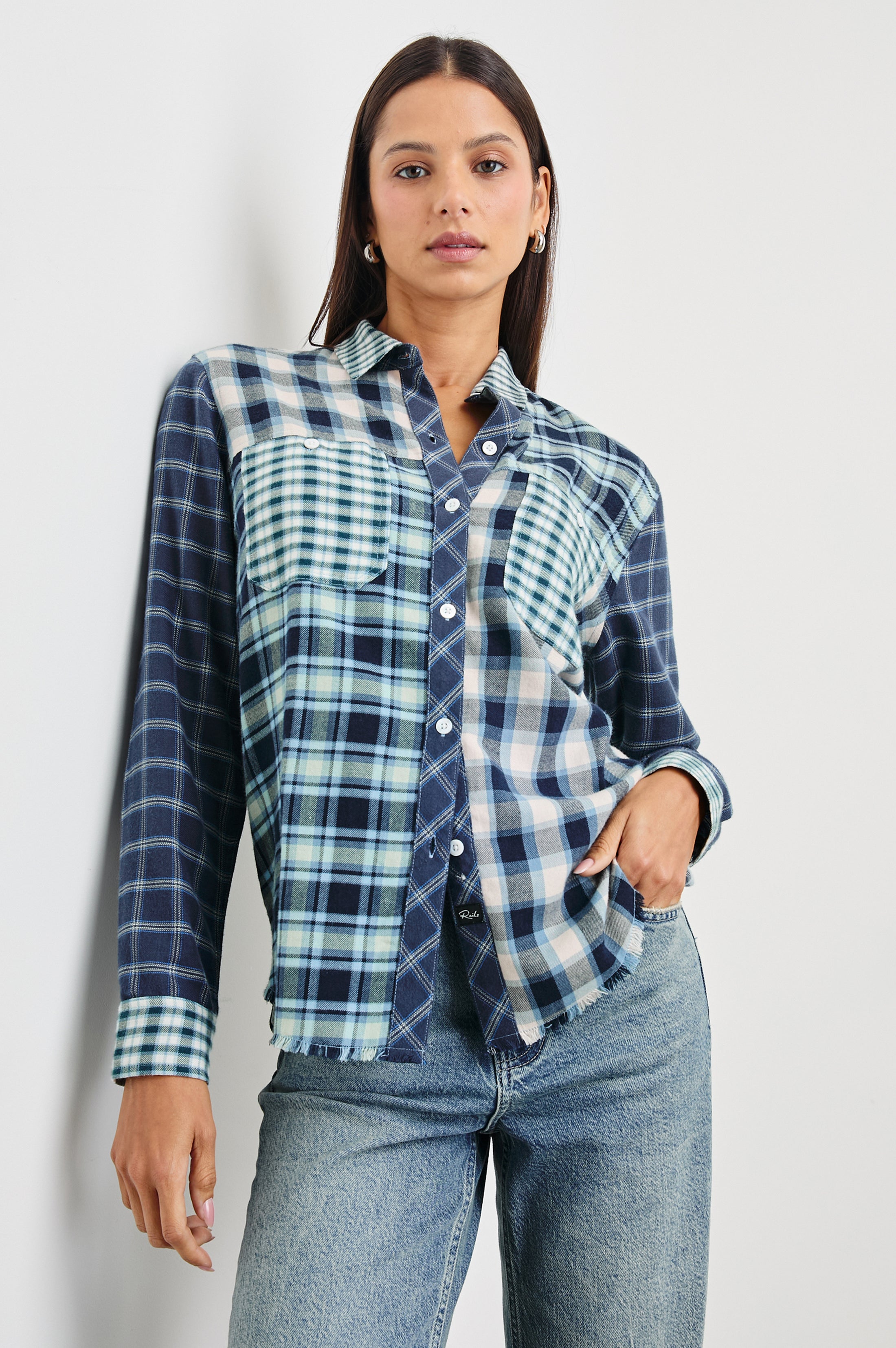 Orders Rails Plaid Button Down Blue Black White Rayon Shirt Size S