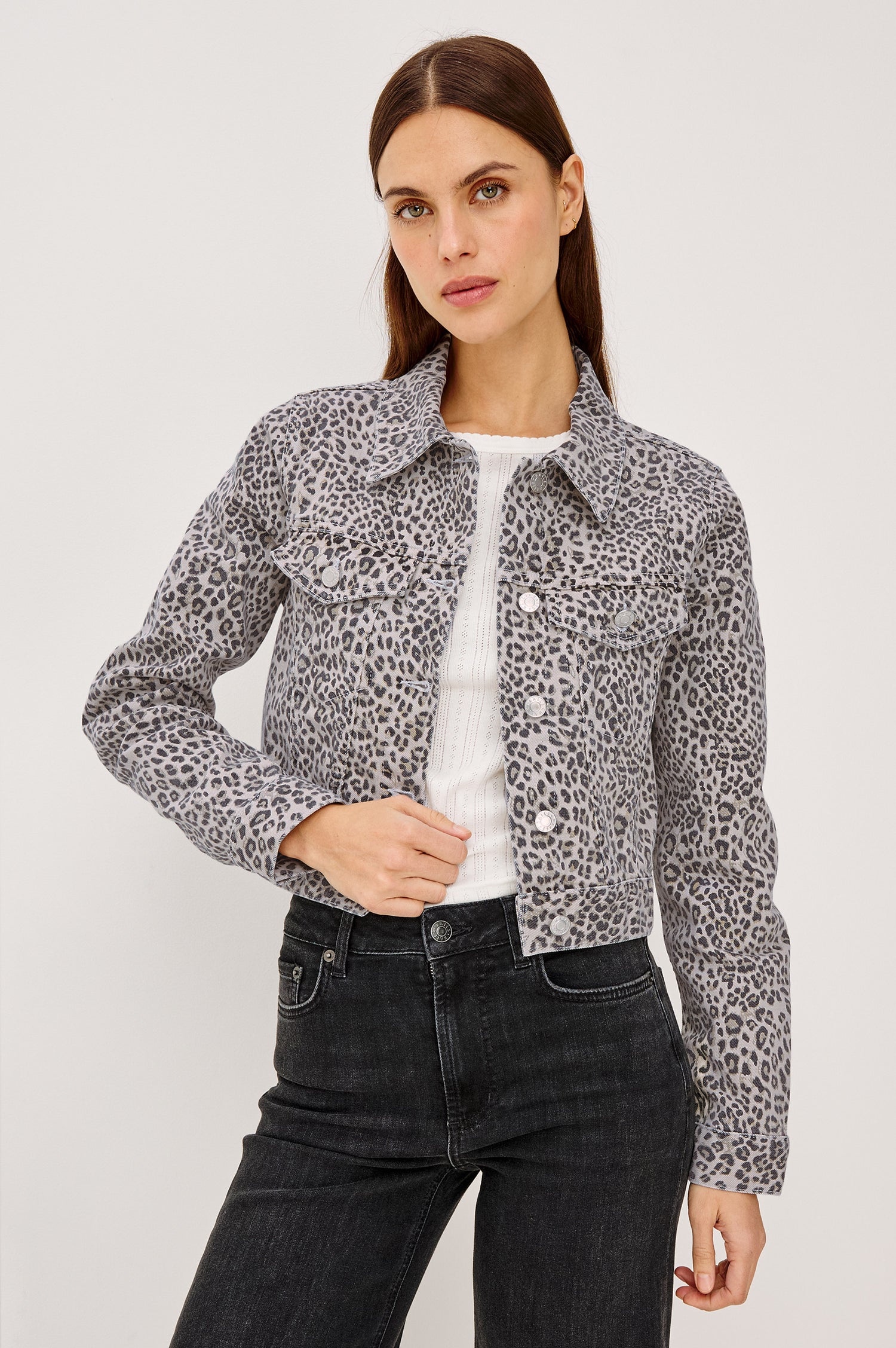 Brea Cropped Denim Jacket With Front Buttons and Long Sleeves in Ecru Cheetah Colorway - Upper Body Front View Featured on Model