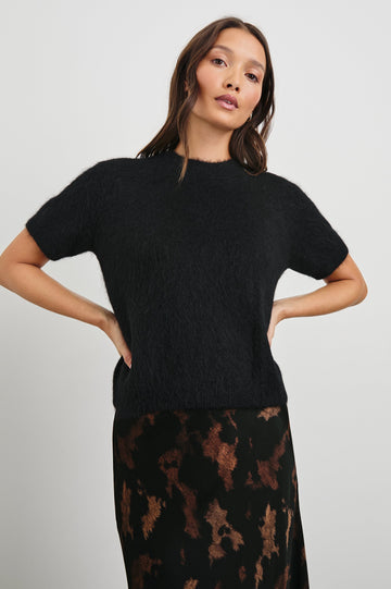 Briar Short-Sleeve Top with a Crew Neck and Ribbed Trim in Black Colorway - Front View Featured on Model