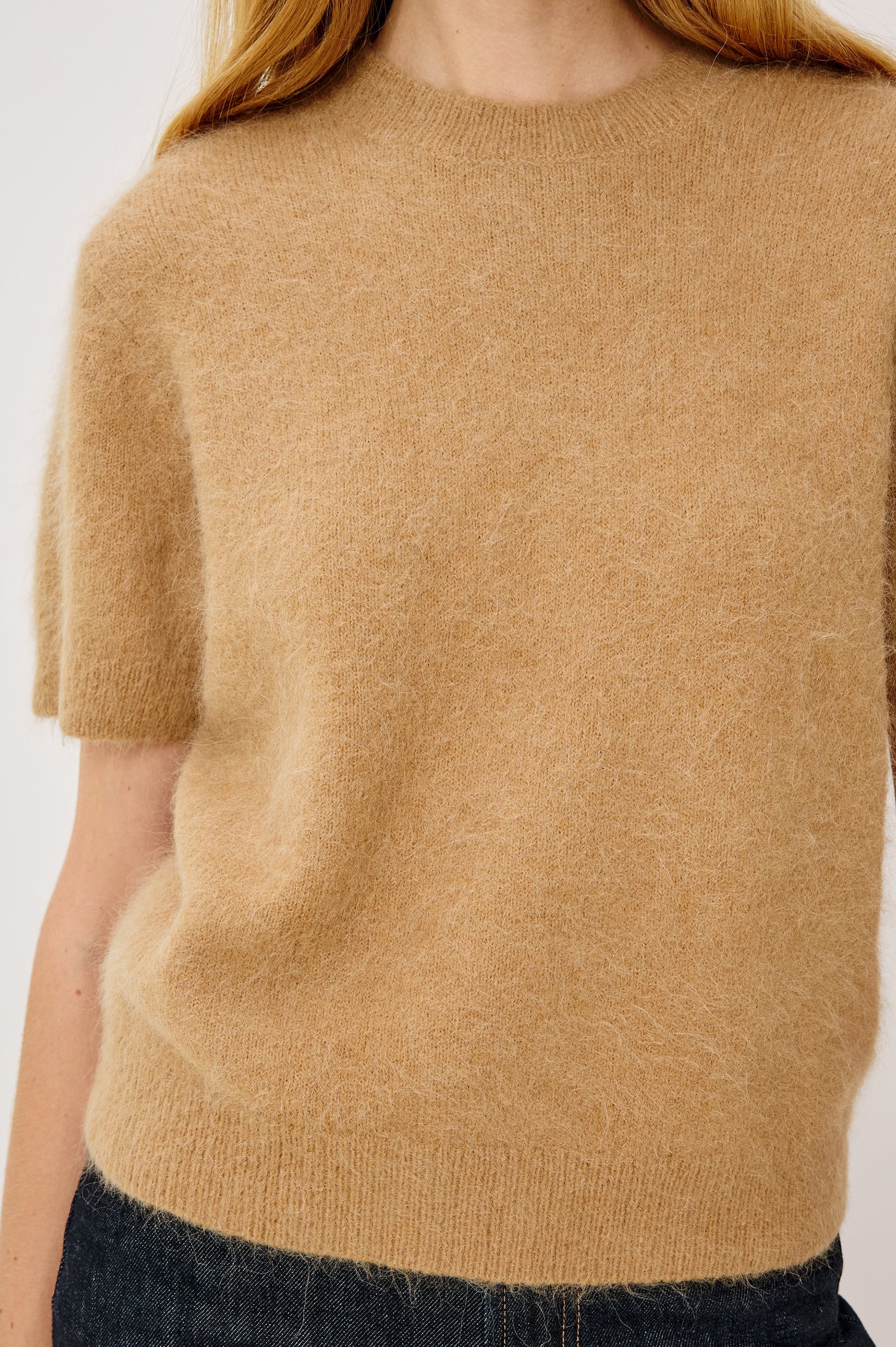 Briar Short-Sleeve Top with a Crew Neck and Ribbed Trim in Camel Colorway - Close Up View Featured on Model