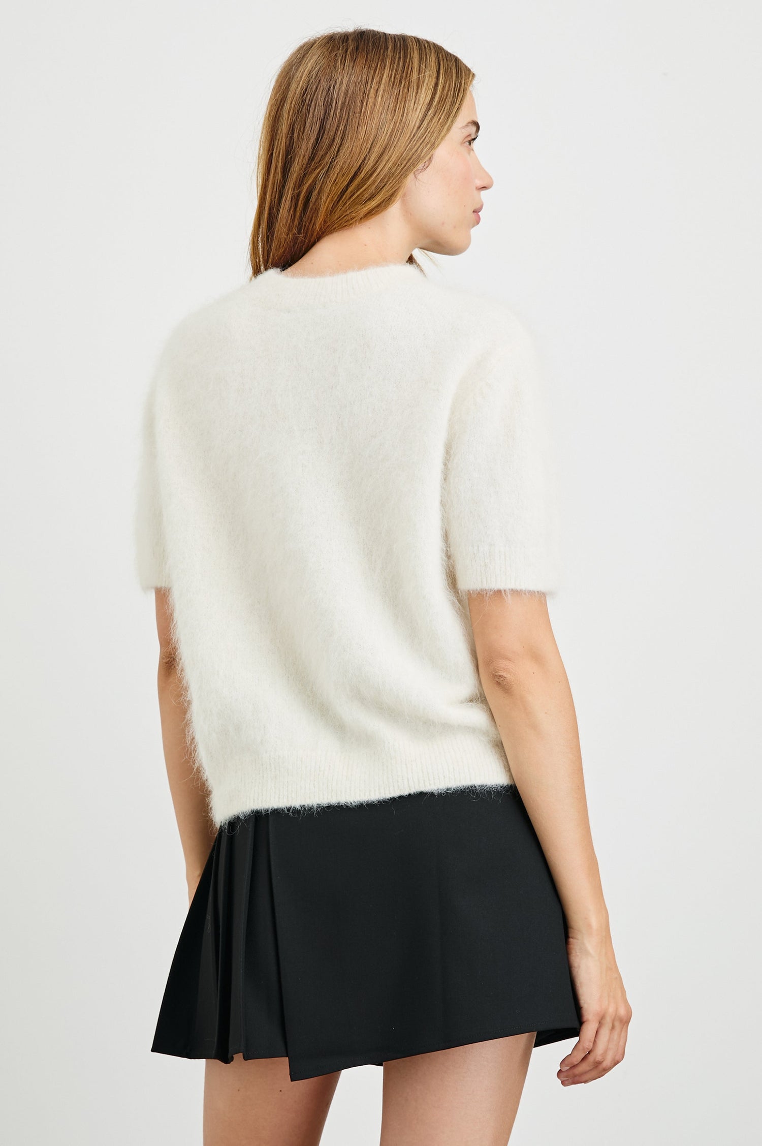 Briar Short-Sleeve Top with a Crew Neck and Ribbed Trim in White Colorway - Back View Featured on Model