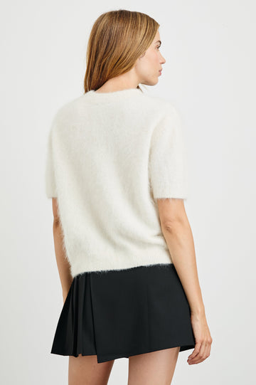 Briar Short-Sleeve Top with a Crew Neck and Ribbed Trim in White Colorway - Back View Featured on Model