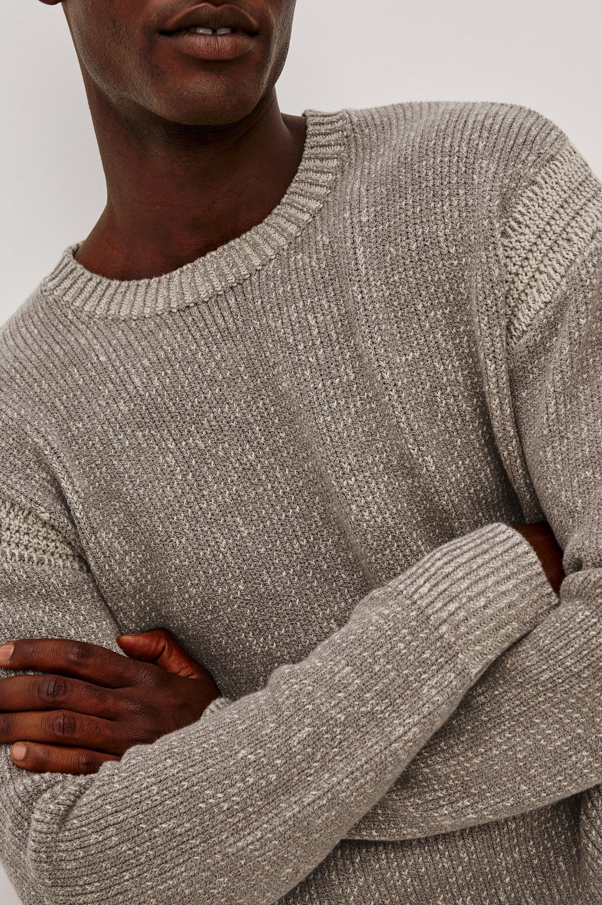 Bryce Sweater in Soft Cotton Marl Blend, With Relaxed Fit, Contrast Rib Crewneck, Shoulder, and Cuff Detailing, and Long Sleeves in Taupe Clay Colorway - Upper Body Front View Featured on Model