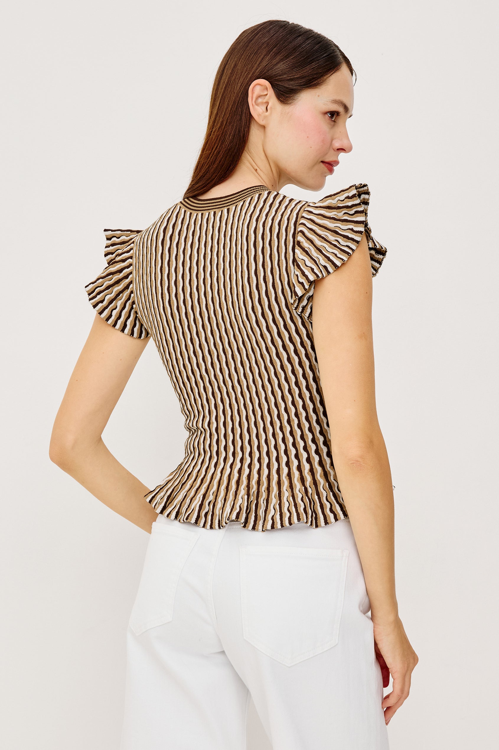 Bryn Fitted Top in Compact Stretch Knit With Flutter Sleeves Ribbed Crew Neckline and Peplum Hem in Brown Stripe Colorway - Upper Body Back View Featured on Model