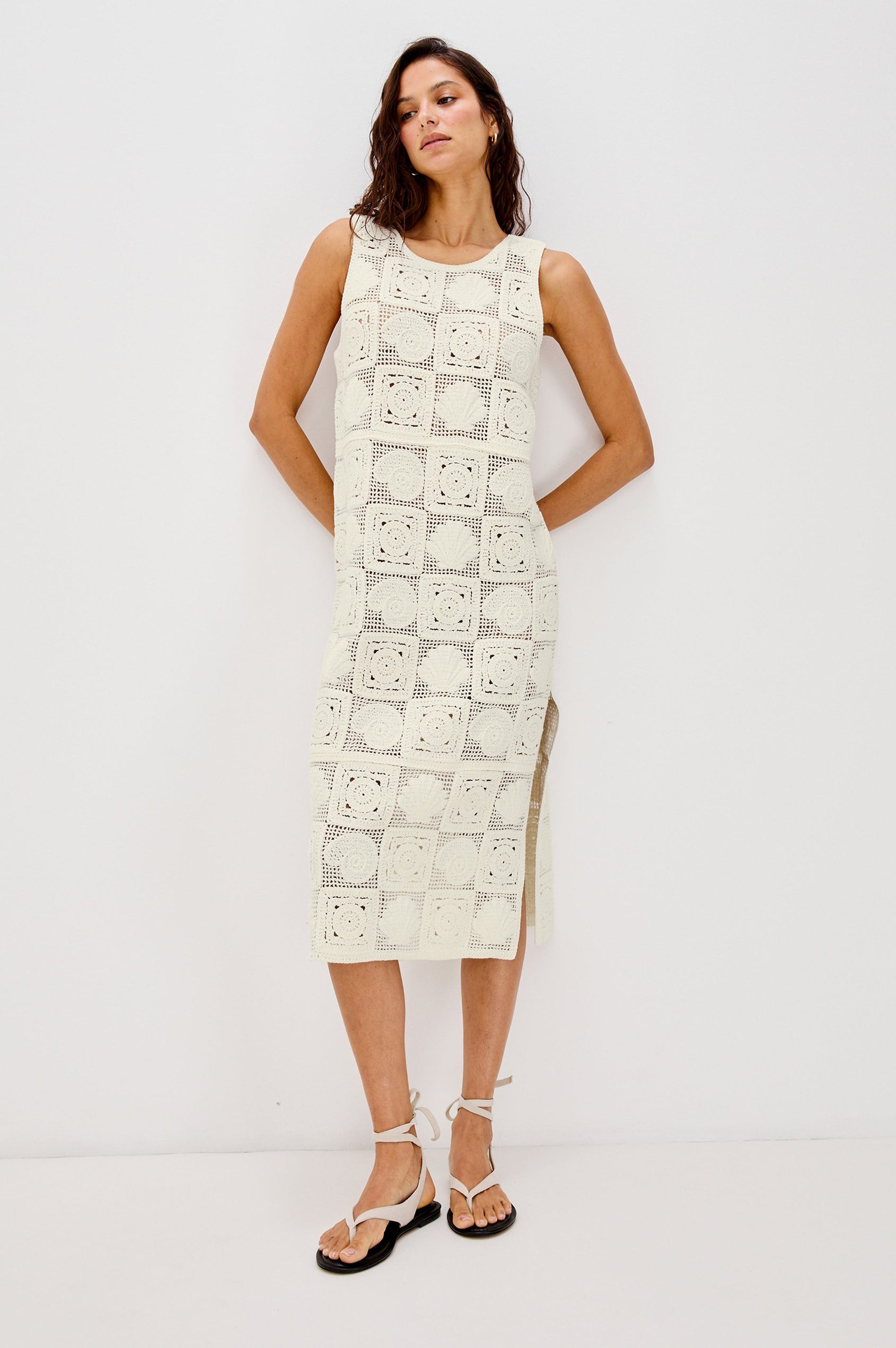 Calla Scoop Neck Tank Dress, Below-Knee Length with a Side Seam Slit in White Sea Shell Crochet Colorway. Full Body Front View Shown on Model.